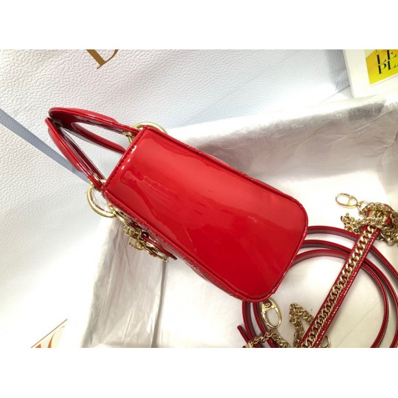 D*or lady D*or mini chain bag with chain in red patent calfskin