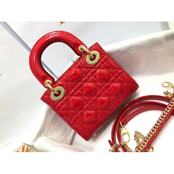 D*or lady D*or mini chain bag with chain in red patent calfskin