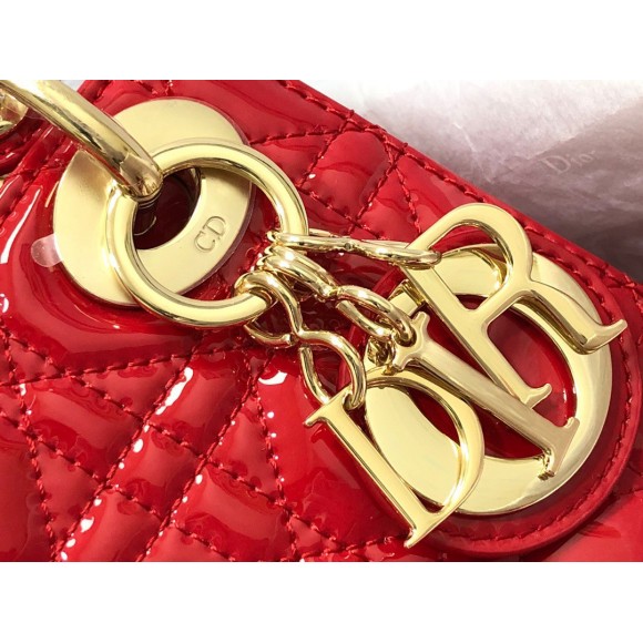 D*or lady D*or mini chain bag with chain in red patent calfskin