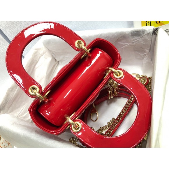 D*or lady D*or mini chain bag with chain in red patent calfskin