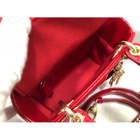 D*or lady D*or mini chain bag with chain in red patent calfskin