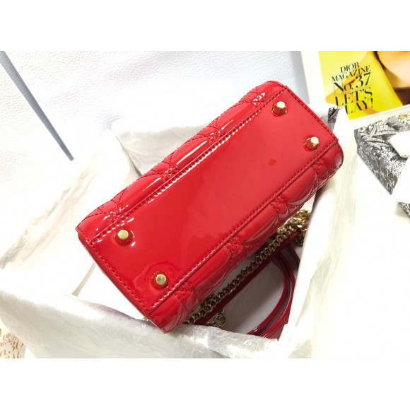 D*or lady D*or mini chain bag with chain in red patent calfskin