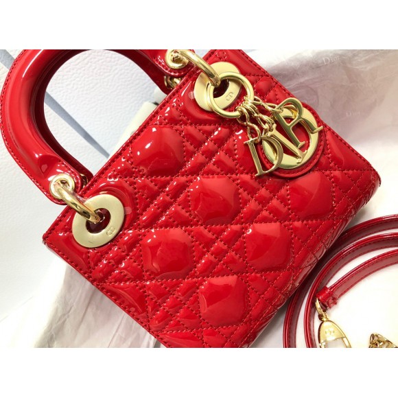 D*or lady D*or mini chain bag with chain in red patent calfskin