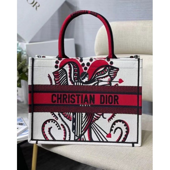 D*or medium book tote bag in latte multicolor cupidon embroidery