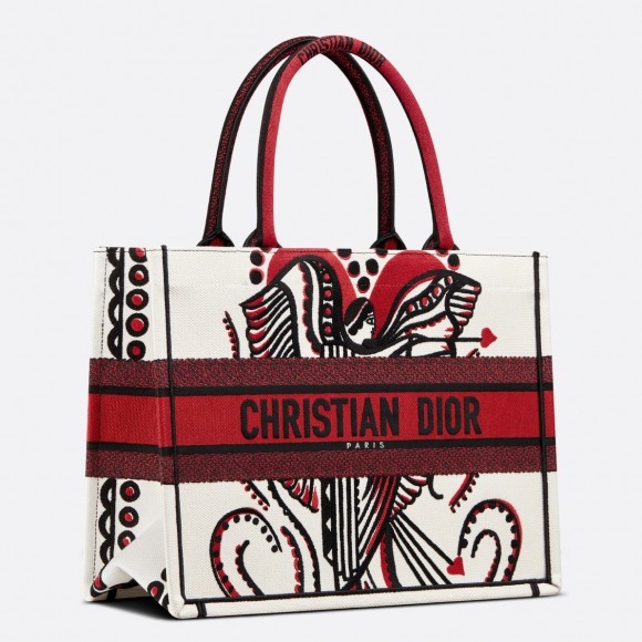 D*or medium book tote bag in latte multicolor cupidon embroidery