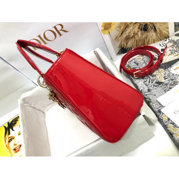 D*or small lady D*or bag in red patent cannage calfskin