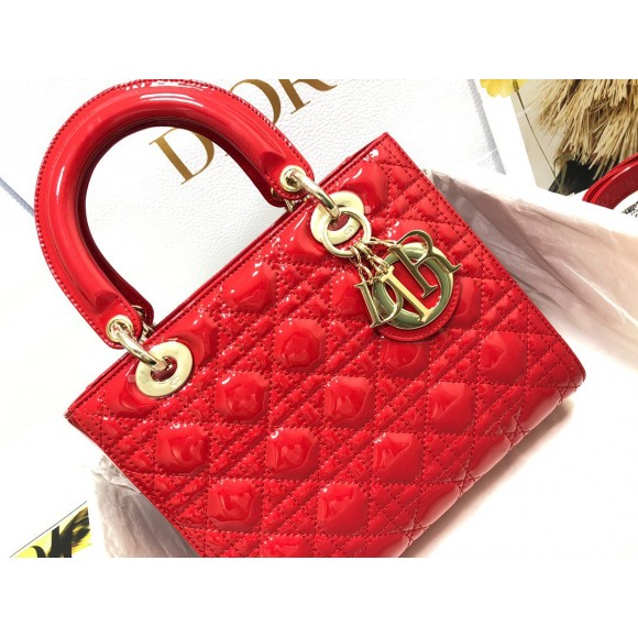 D*or small lady D*or bag in red patent cannage calfskin