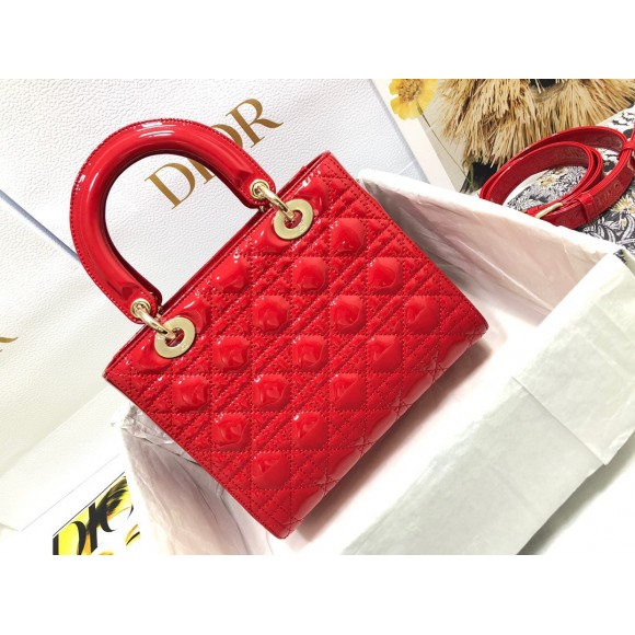 D*or small lady D*or bag in red patent cannage calfskin