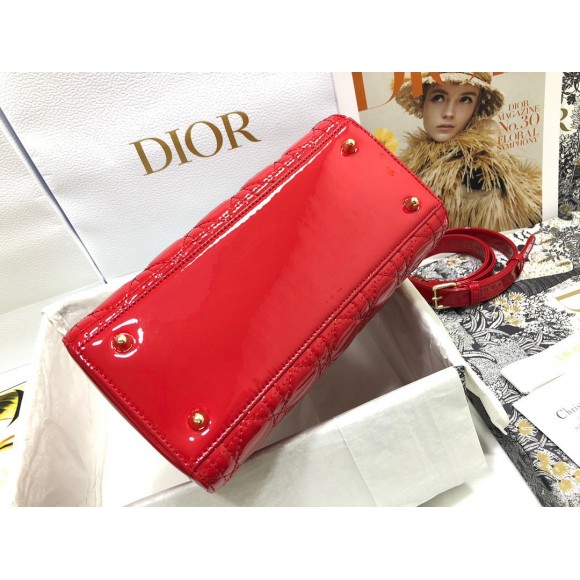 D*or small lady D*or bag in red patent cannage calfskin