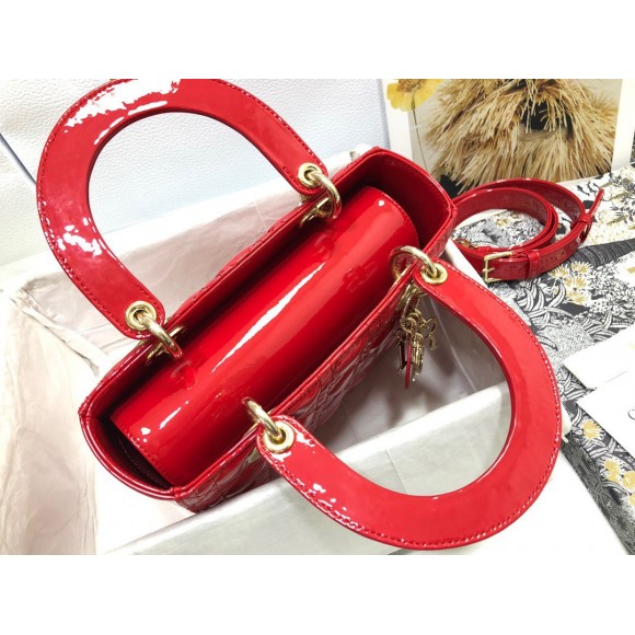 D*or small lady D*or bag in red patent cannage calfskin