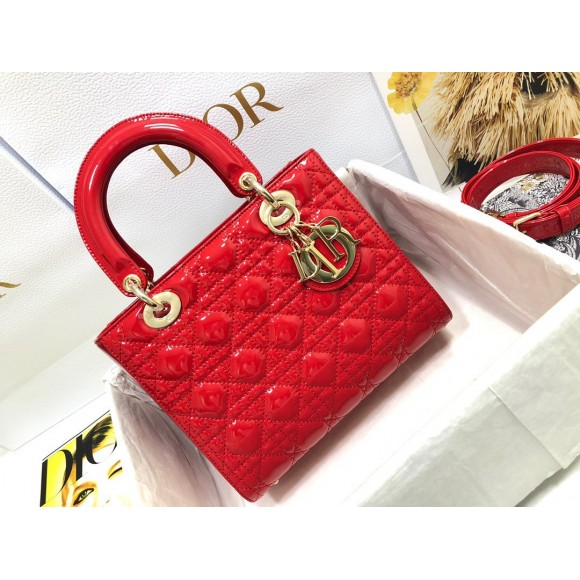 D*or small lady D*or bag in red patent cannage calfskin