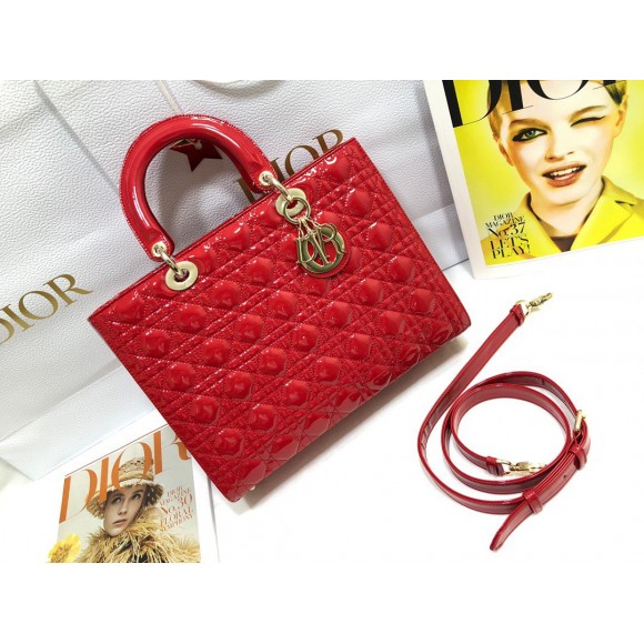 D*or lady D*or large bag in red patent cannage calfskin