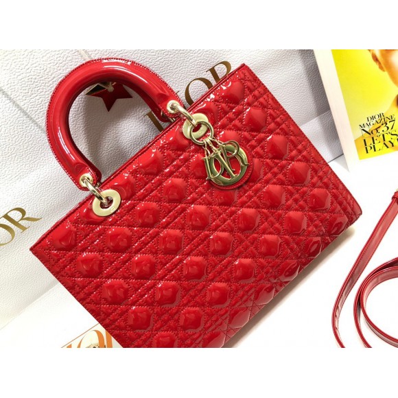 D*or lady D*or large bag in red patent cannage calfskin