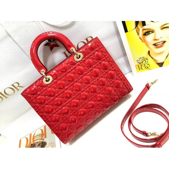 D*or lady D*or large bag in red patent cannage calfskin