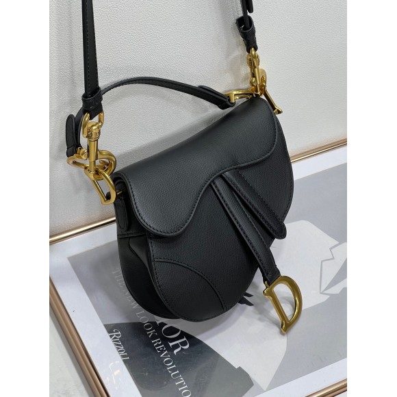 D*or mini saddle bag with strap in black grained calfskin