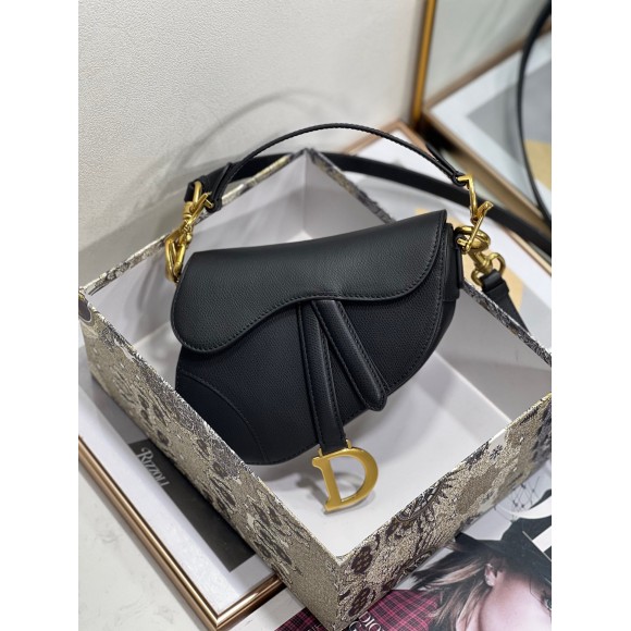 D*or mini saddle bag with strap in black grained calfskin