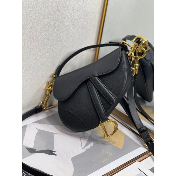 D*or mini saddle bag with strap in black grained calfskin