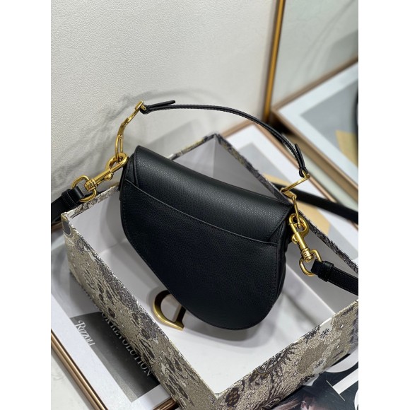 D*or mini saddle bag with strap in black grained calfskin