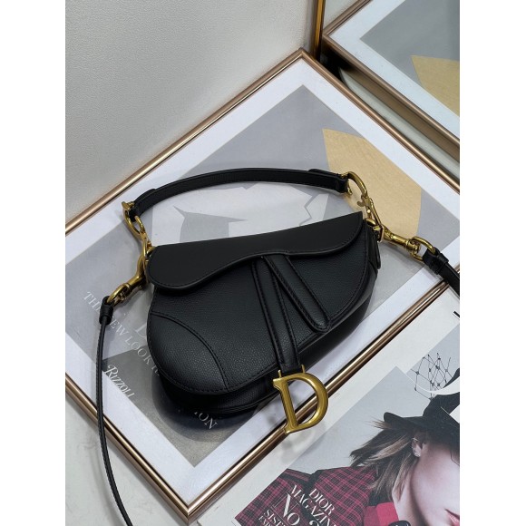 D*or mini saddle bag with strap in black grained calfskin