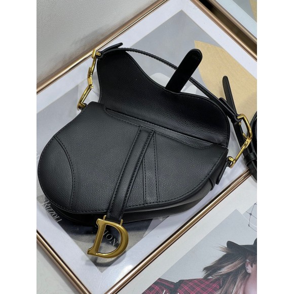 D*or mini saddle bag with strap in black grained calfskin