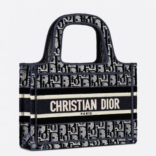 Dior Mini Book Tote Bag In Blue Velvet Oblique Embroidered