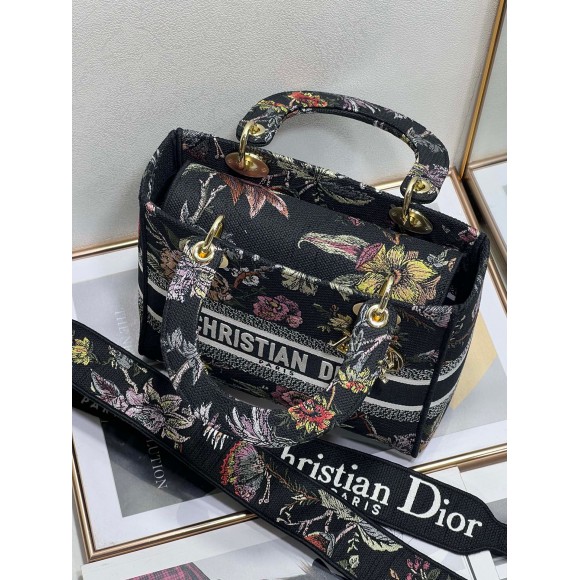 D*or lady d-lite medium bag in black jardin botanique embroidery