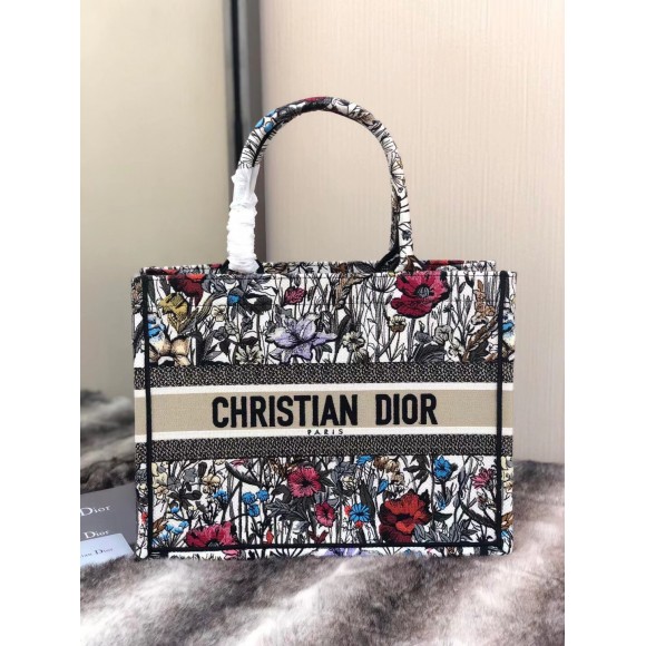 D*or medium book tote bag in multicolor mille fleurs embroidery