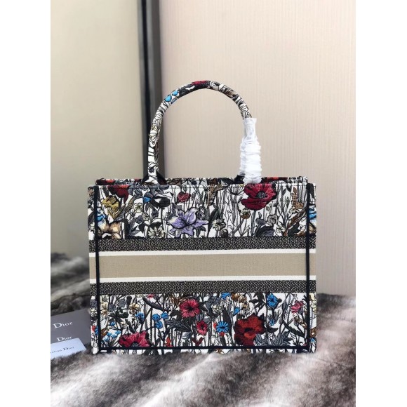 D*or medium book tote bag in multicolor mille fleurs embroidery