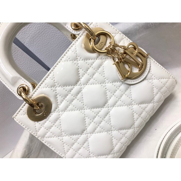 D*or lady D*or mini chain bag with chain in white patent calfskin