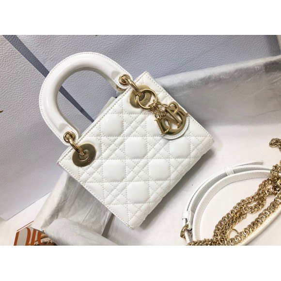 D*or lady D*or mini chain bag with chain in white patent calfskin