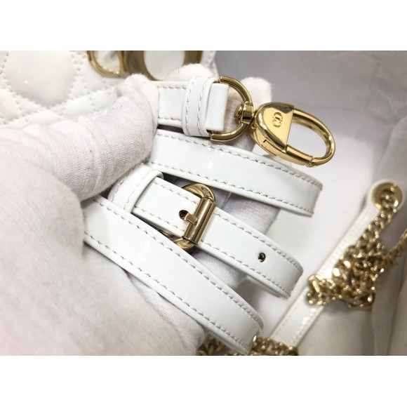 D*or lady D*or mini chain bag with chain in white patent calfskin