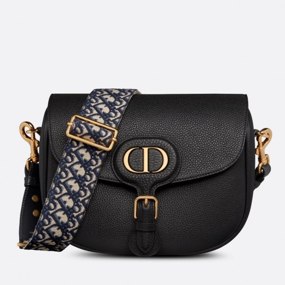 D*or bobby large bag in black grained calfskin