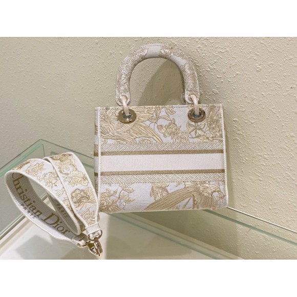 D*or lady d-lite medium bag in gold jardin d'hiver embroidery