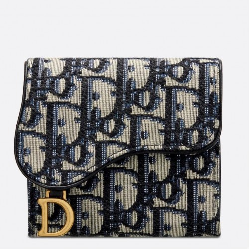 Dior Saddle Lotus Wallet In Blue Oblique Jacquard