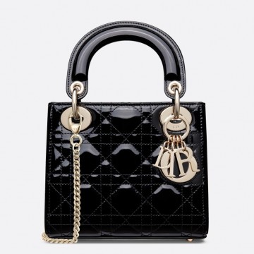 Dior Lady Dior Mini Chain Bag with Chain in Black Patent Calfskin Dior Lady Dior Mini Chain Bag with Chain in Black Patent Calfskin