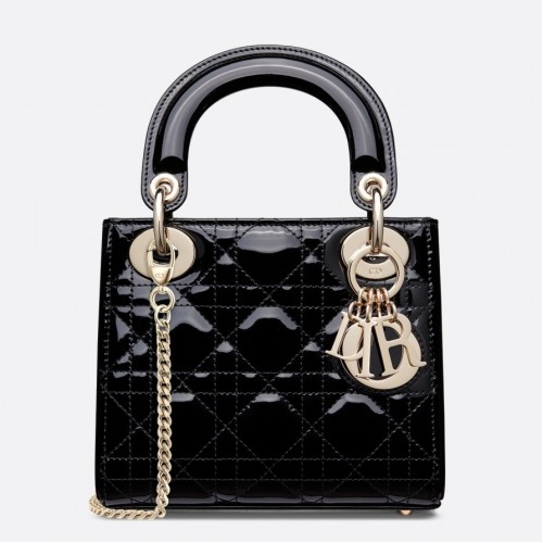 Dior Lady Dior Mini Chain Bag with Chain in Black Patent Calfskin