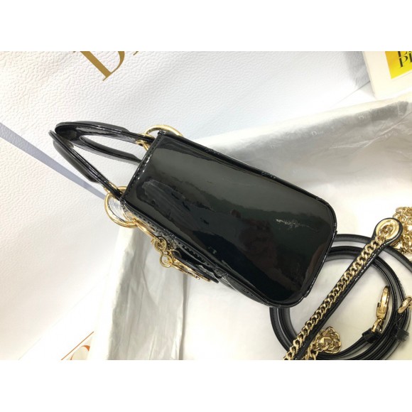 D*or lady D*or mini chain bag with chain in black patent calfskin