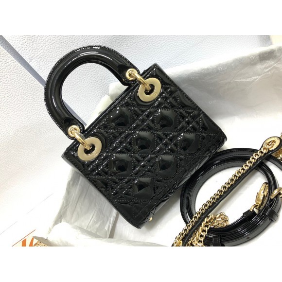 D*or lady D*or mini chain bag with chain in black patent calfskin