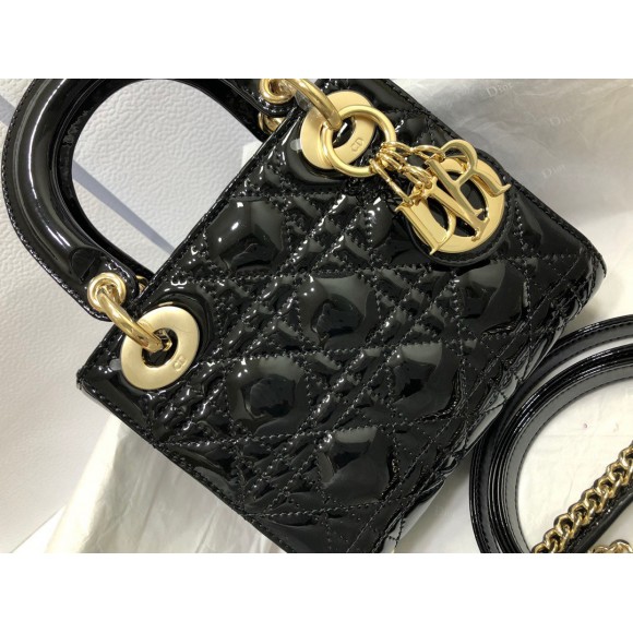 D*or lady D*or mini chain bag with chain in black patent calfskin