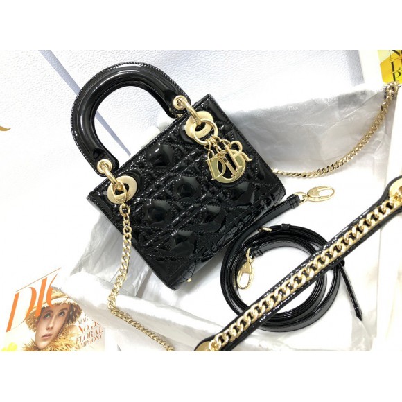 D*or lady D*or mini chain bag with chain in black patent calfskin