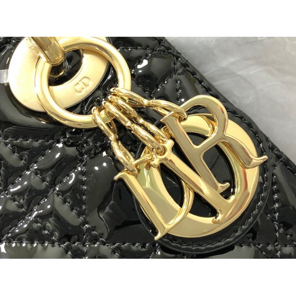 D*or lady D*or mini chain bag with chain in black patent calfskin