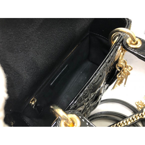 D*or lady D*or mini chain bag with chain in black patent calfskin