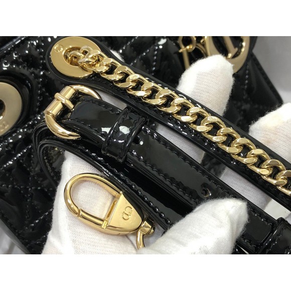 D*or lady D*or mini chain bag with chain in black patent calfskin