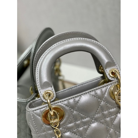 D*or lady D*or mini chain bag with chain in grey pearlescent lambskin