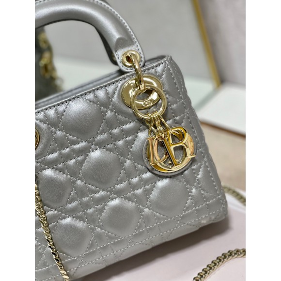 D*or lady D*or mini chain bag with chain in grey pearlescent lambskin