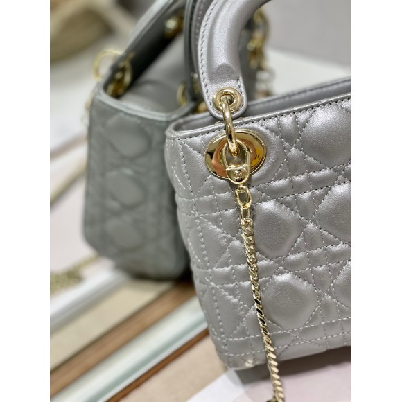 D*or lady D*or mini chain bag with chain in grey pearlescent lambskin