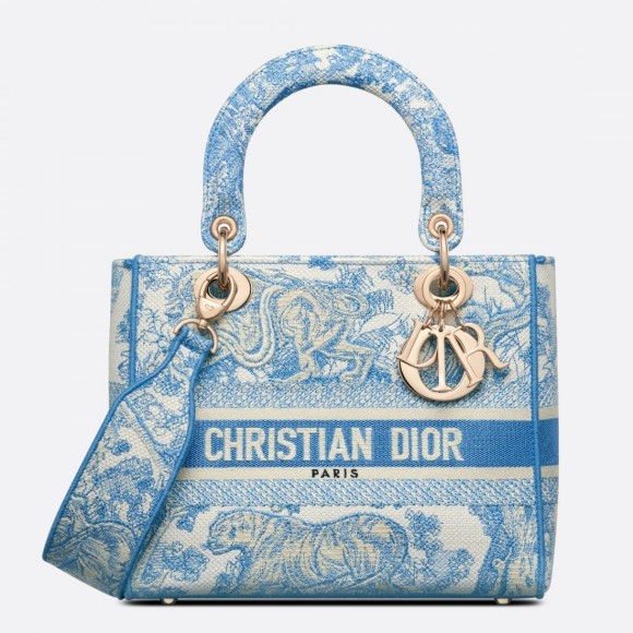 D*or lady d-lite medium bag in blue toile de jouy canvas