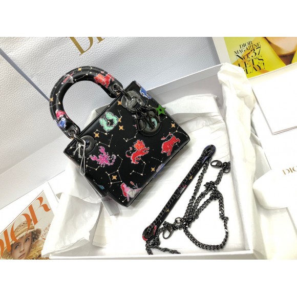 D*or lady D*or mini bag in black calfskin with pixel zodiac print