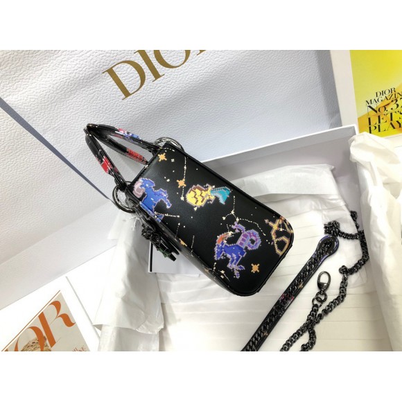 D*or lady D*or mini bag in black calfskin with pixel zodiac print