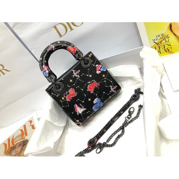 D*or lady D*or mini bag in black calfskin with pixel zodiac print